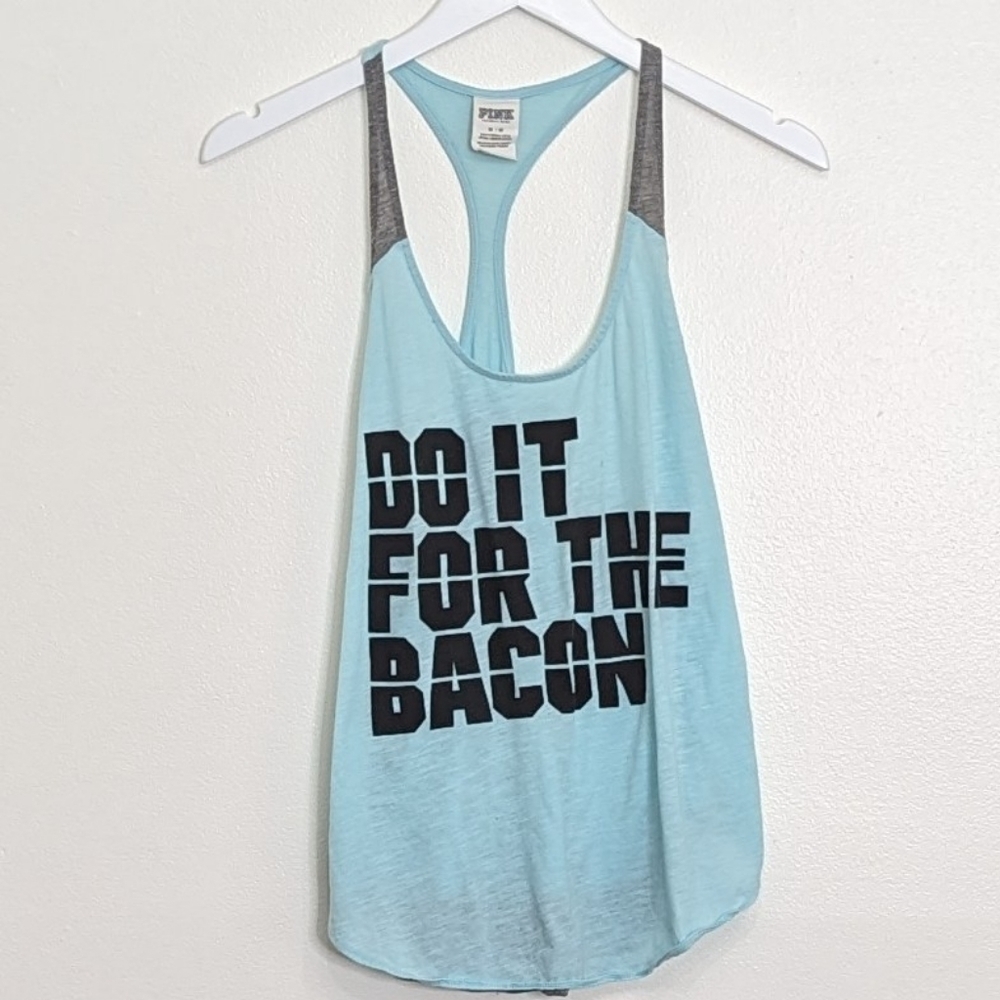 Victoria's Secret Pink Medium Tank Top Aqua Blue Do It For The Bacon Racer Back